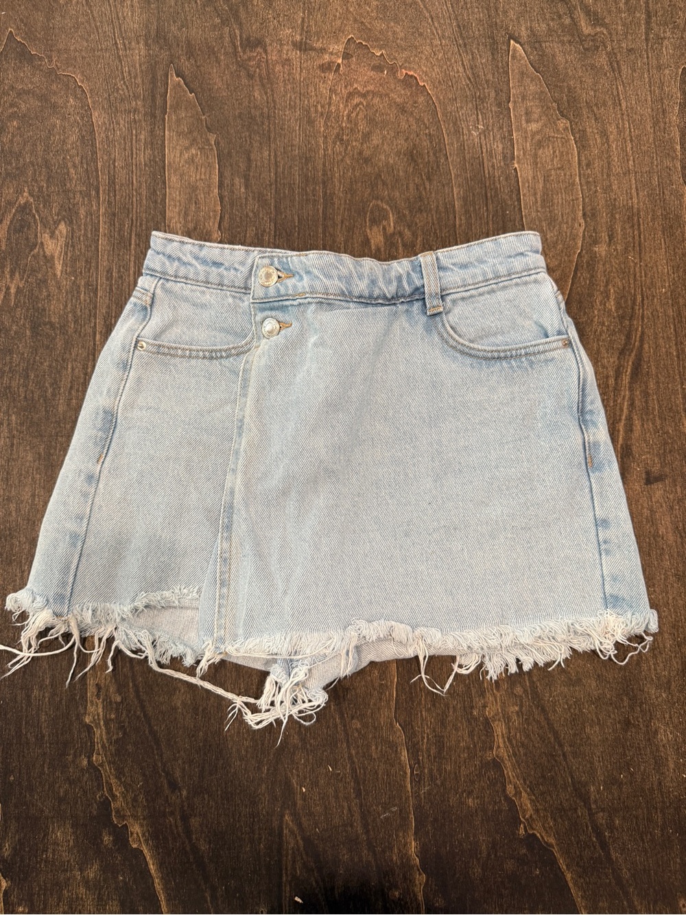 Zara Light Blue Denim Mini Skort with Frayed Trim